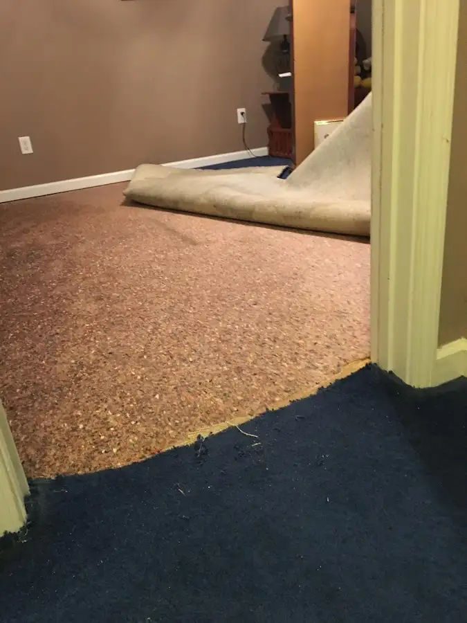 Carpet pad removal revealing water damage during Drying & Dehumidification in Granville